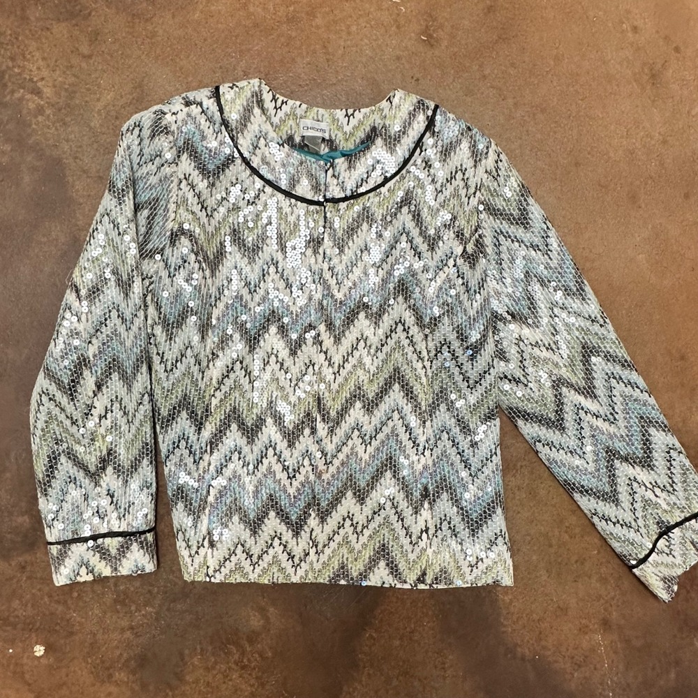 Chicos Sequin Embellished Chevron Pattern‎ Long Sleeve Party Top Size 2
